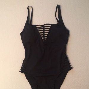 Black high waisted one-piece swimsuit